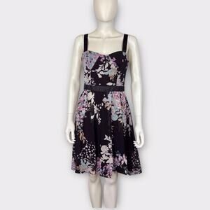 Bebe Floral Black & Pink Dress 100% Silk Sleeveless Knee Length Small